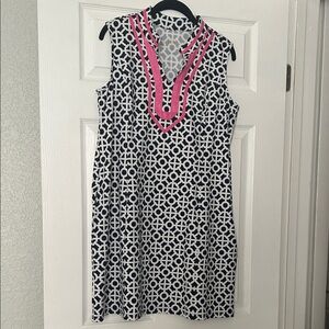 Belle by Kim Gravel Navy Blue and Pink Patterned Dress